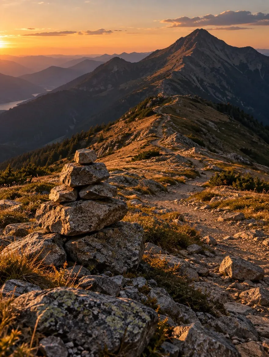 Stone cairn marking a mountain trail at golden hour