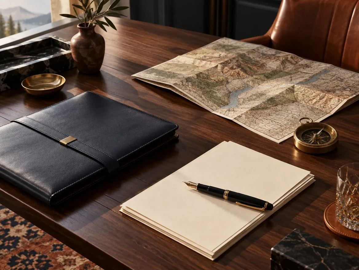 Walnut desk with a leather portfolio, fountain pen and topographic map